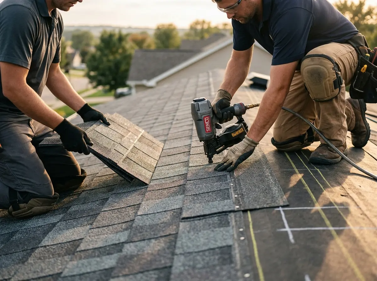 Professional roofer working on a residential roof in Sandersville
